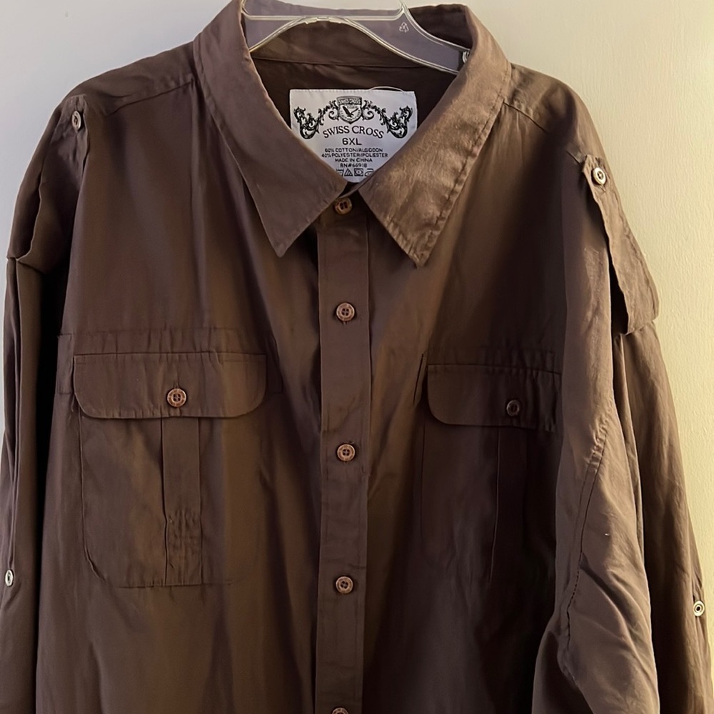 Swiss Cross Big Mens Button Down Shirt, Brown, 6XL